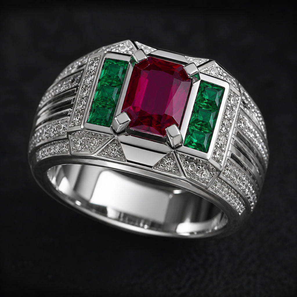 A luxury men's ring made of platinum with ruby and emerald stones suitable for formal. anillo artesanal reluciente y magico
photorealistic jewelry design, A luxury men's ring made of platinum with ruby and emerald stones suitable for formal. anillo artesanal reluciente y magico, luxury style, just the design no text