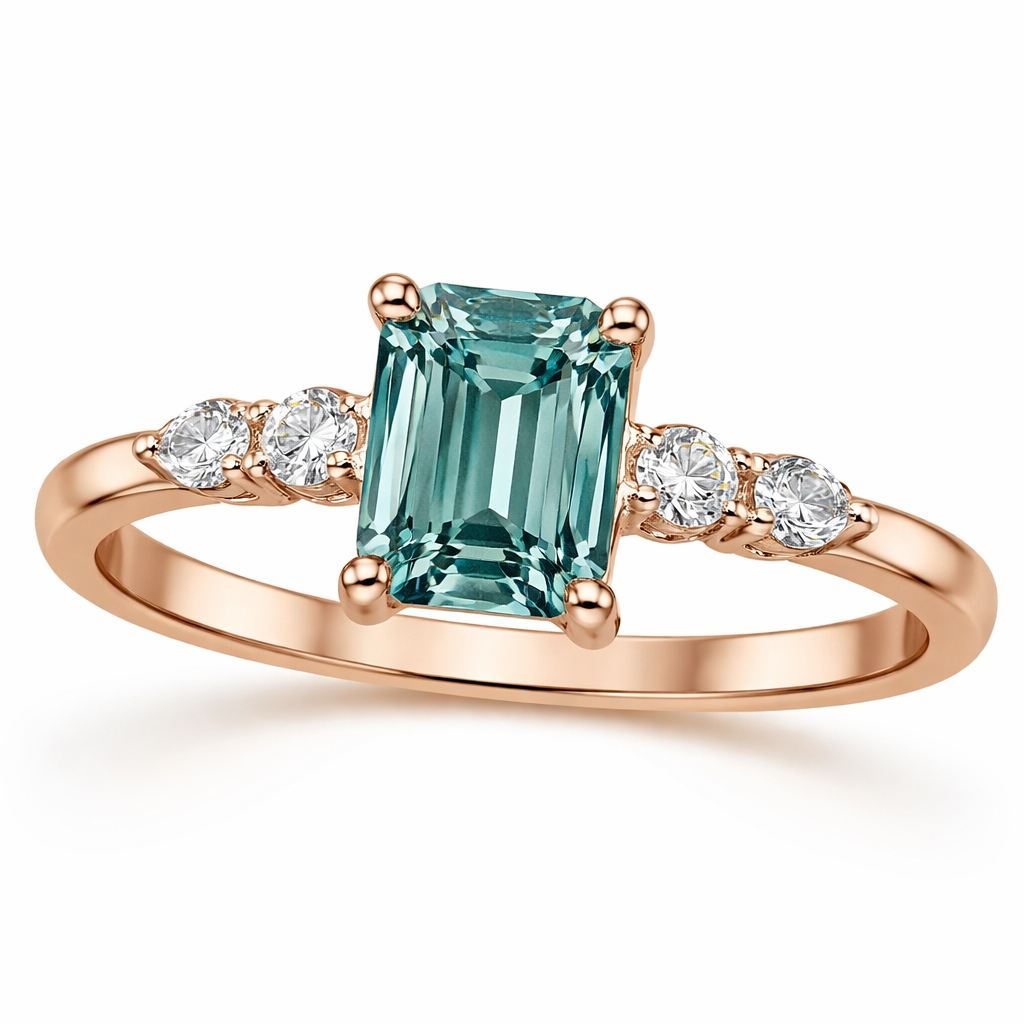 Rose gold ring with a teal moissanite .75 ct emerald cut center stone. To the side of the center stone on each side are two circular diamonds and on the end is one marquise diamond. Side stones are smaller