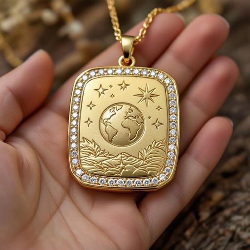 Золотой матовый медальон в форме неровного прямоугольника с округлыми краями. По краям выпуклые точки сплошной линией. На прямоугольнике разные мелкие узоры вырезаны. Символически изображена земля и звезды