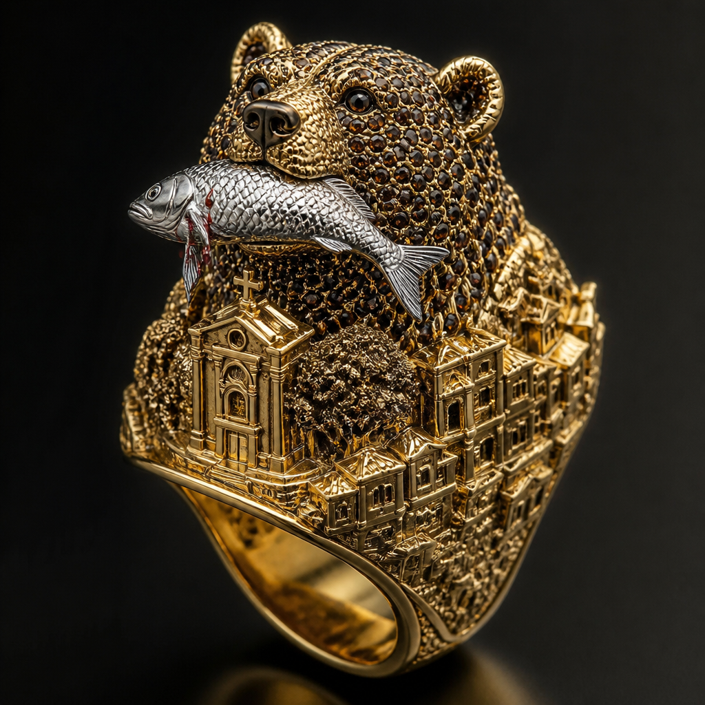 A luxury men's ring made of gold, highly ornate, intricate and elaborate, richly detailed. uma dedeira com um formato diferenciado e único
em cima da dedeira uma cabeça de urso bravo com a cabeça pra cima cravejado com pedras marrom, e na dele boca um peixe de prata com algumas gotinhas vermelhas
deixe na lateral com uma igreja da favela complexo da penha
photorealistic jewelry design, A luxury men's ring made of gold, highly ornate, intricate and elaborate, richly detailed. uma dedeira com um formato diferenciado e único
em cima da dedeira uma cabeça de urso bravo com a cabeça pra cima cravejado com pedras marrom, e na dele boca um peixe de prata com algumas gotinhas vermelhas
deixe na lateral com uma igreja da favela complexo da penha, luxury style, just the design no text