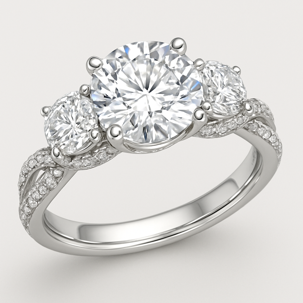 Elegant 4 carat tw 3 stone engagement ring with twisted pave band