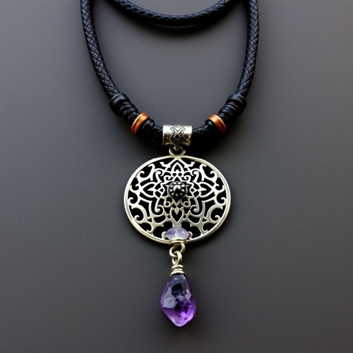 Creative stylish necklace on thick leather cord with big silver pendant and gemstone charm 