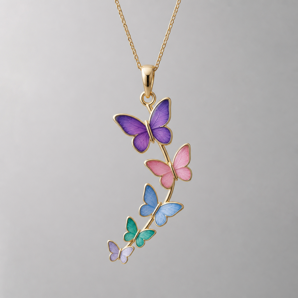 A women's pendant. pendant 4 ore 5 butterfly diferența dimension with email color
photorealistic jewelry design, A women's pendant. pendant 4 ore 5 butterfly diferența dimension with email color, modern style, just the design no text