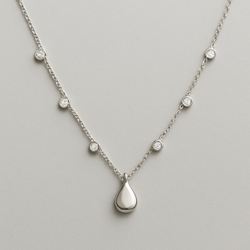 Pear shape pears station necklace 7  mini  diamonds  silver small each diamonds .15 no bezel