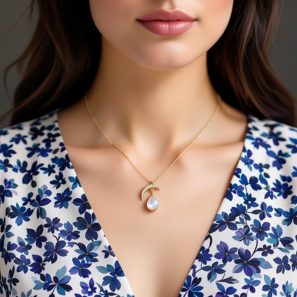 Луна полумесяцем с мелкими камушками и маленький в виде кристала лунный камень подвеска