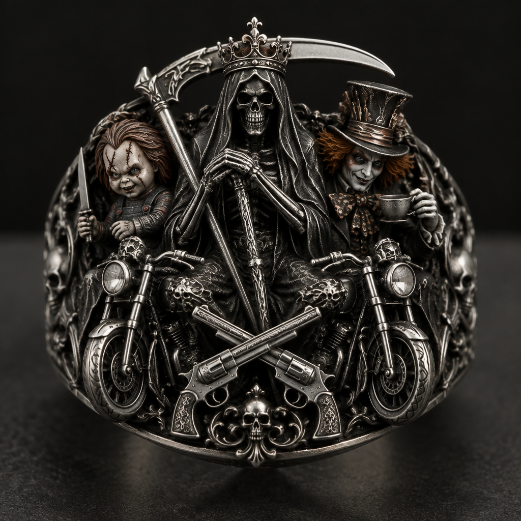 A gothic women's ring suitable for formal. a reaper with a crown with Chucky and the madhatter standing next to him and 2 motorcycles in front and 2 pistols crossing
photorealistic jewelry design, A gothic women's ring suitable for formal. a reaper with a crown with Chucky and the madhatter standing next to him and 2 motorcycles in front and 2 pistols crossing, gothic style, just the design no text