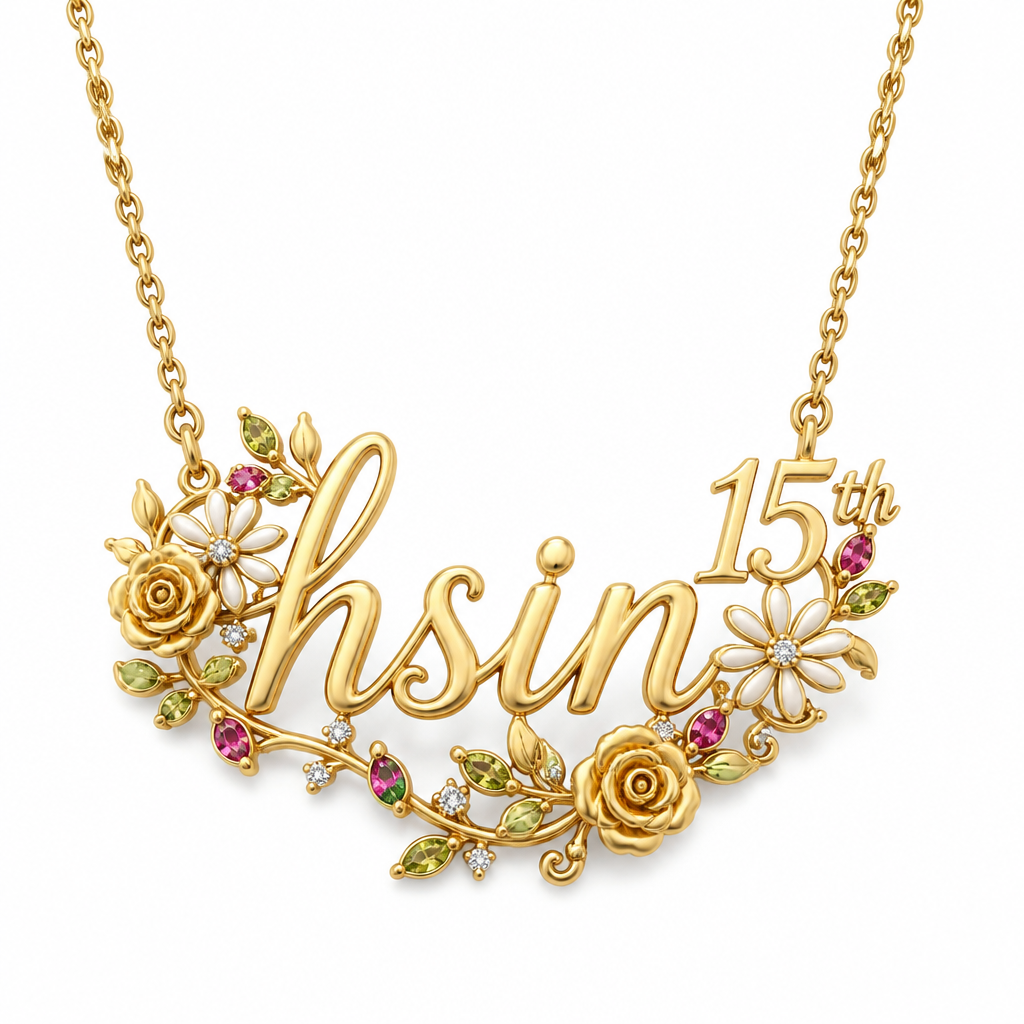 pendant with name “hsin” with two small daisy and roses designs with tiny diamonds and tiny ruby and peridot tiny leaves and the number 15th
photorealistic jewelry design, pendant with name “hsin” with two small daisy and roses designs with tiny diamonds and tiny ruby and peridot tiny leaves and the number 15th, just the design no text