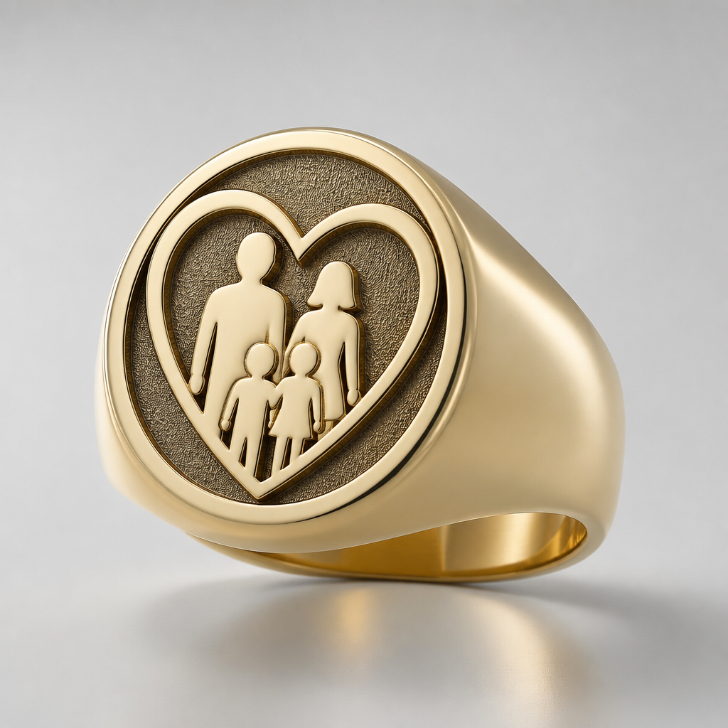 A women's ring. un anillo para hombre tipo sello circular y dentro formar un corazon dende ponga ACOSTANOY y muestre un simbolo de familia
photorealistic jewelry design, A women's ring. un anillo para hombre tipo sello circular y dentro formar un corazon dende ponga ACOSTANOY y muestre un simbolo de familia, modern style, just the design no text