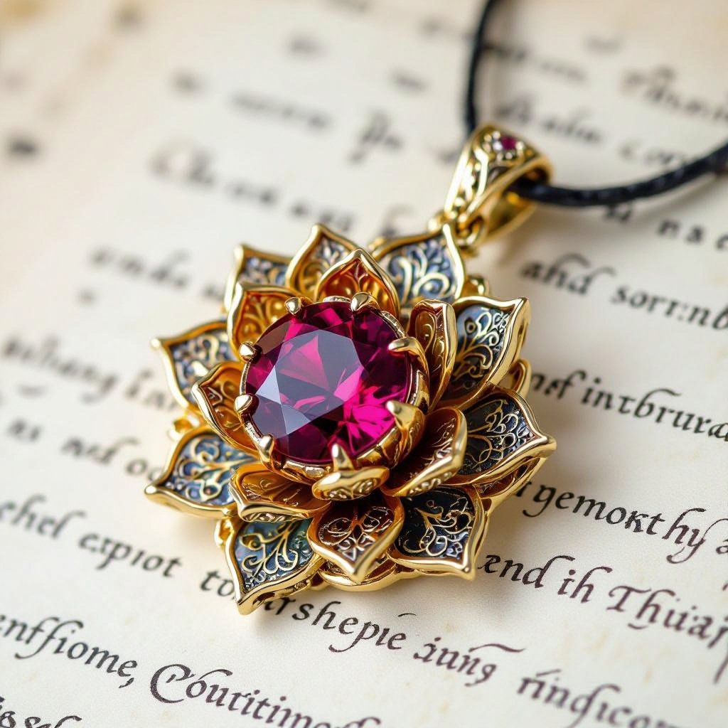 Lotus-shaped pendant with gold-colored crystal inside