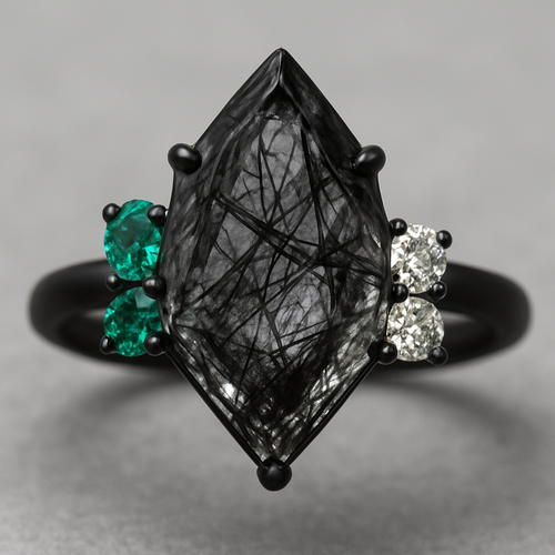 Kite cut Black rutilated quartz with emerald and moissanite accent stones in a cluster on a black band