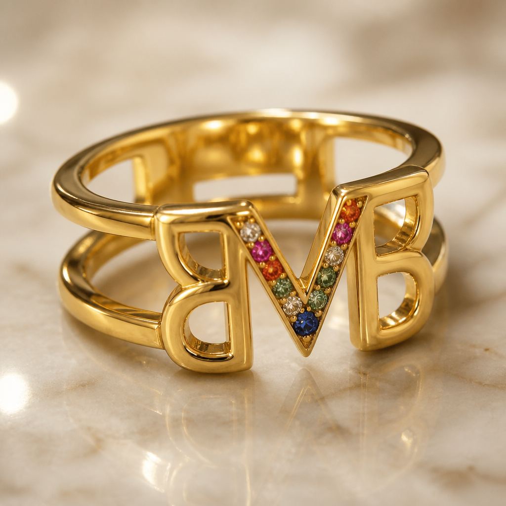 Solid gold double band with b shape on each and inside the v shaped have small multi color diamonds
photorealistic jewelry design, Solid gold double band with b shape on each and inside the v shaped have small multi color diamonds , luxury style, just the design no text