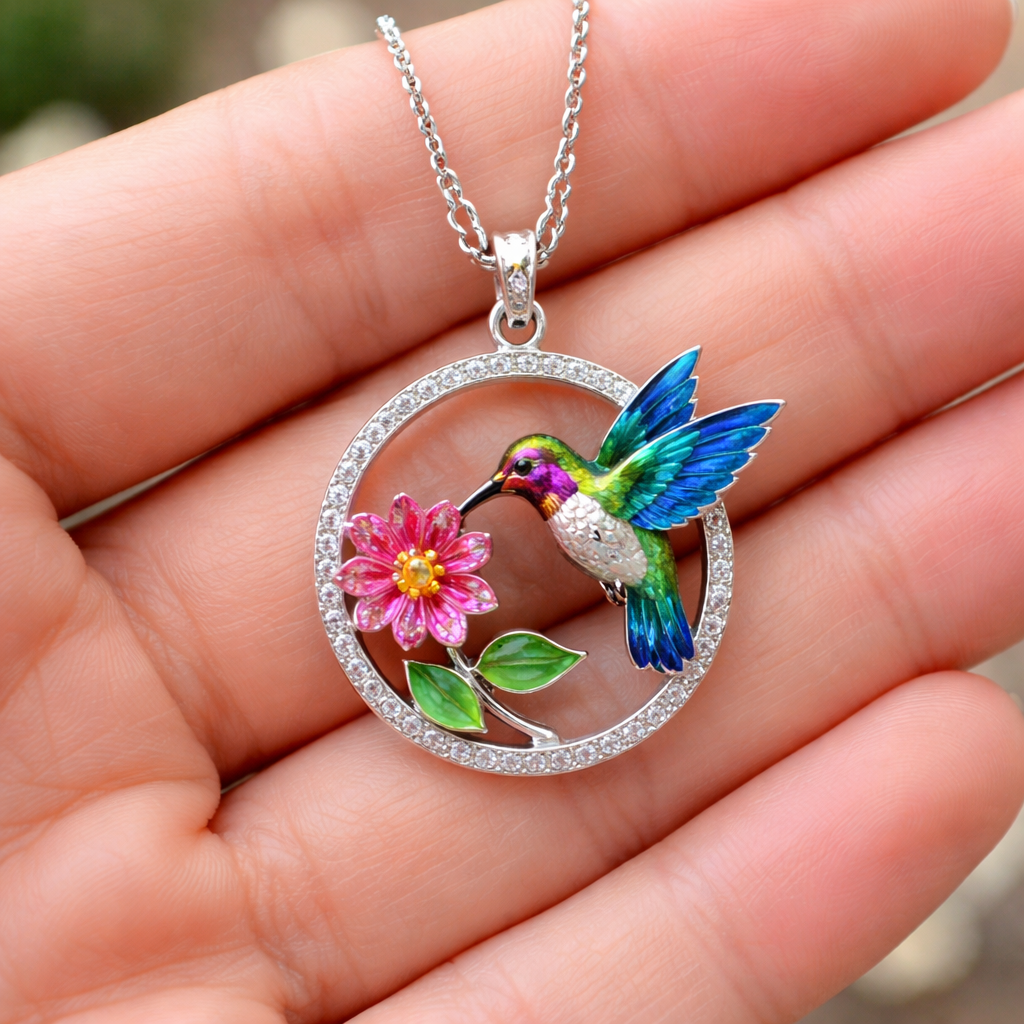 Panajachel guatemala Hummingbird Pendant Necklace for Women Small Circle Hummingbird Necklace with Flower with stones