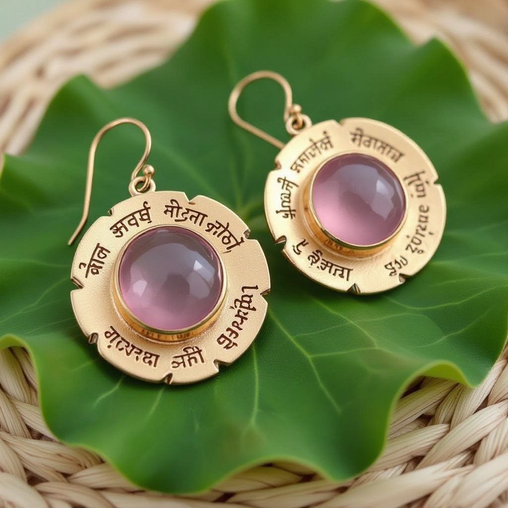Gold-colored matte ring earrings. The diameter is 1 cm. Pendant in the form of a flat lotus with 6 petals. In the center of the lotus is a rose quartz stone. There are mantras in Sanskrit in small print on the petals.