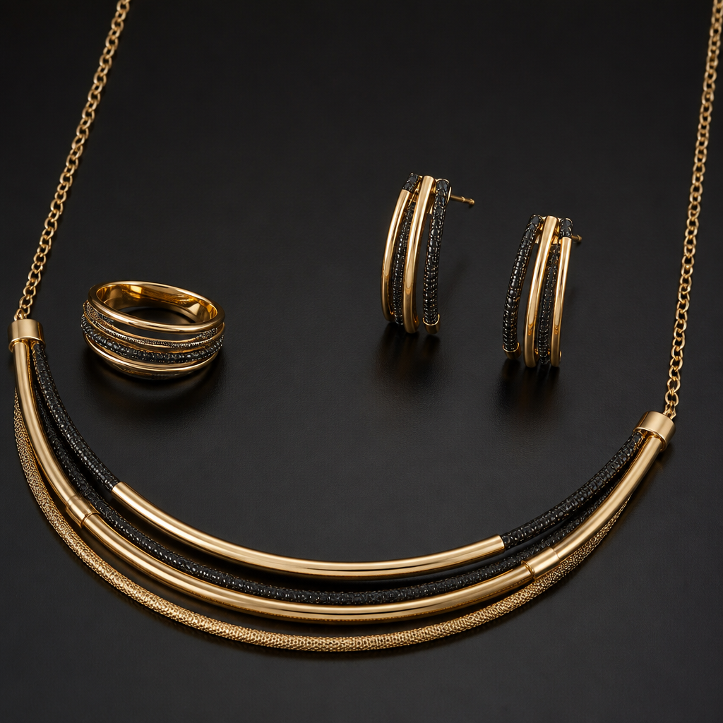A women's ring. quiero otro collar estilo bandeja de tres líneas con colores negro y dorado también los aretes
photorealistic jewelry design, A women's ring. quiero otro collar estilo bandeja de tres líneas con colores negro y dorado también los aretes, modern style, just the design no text