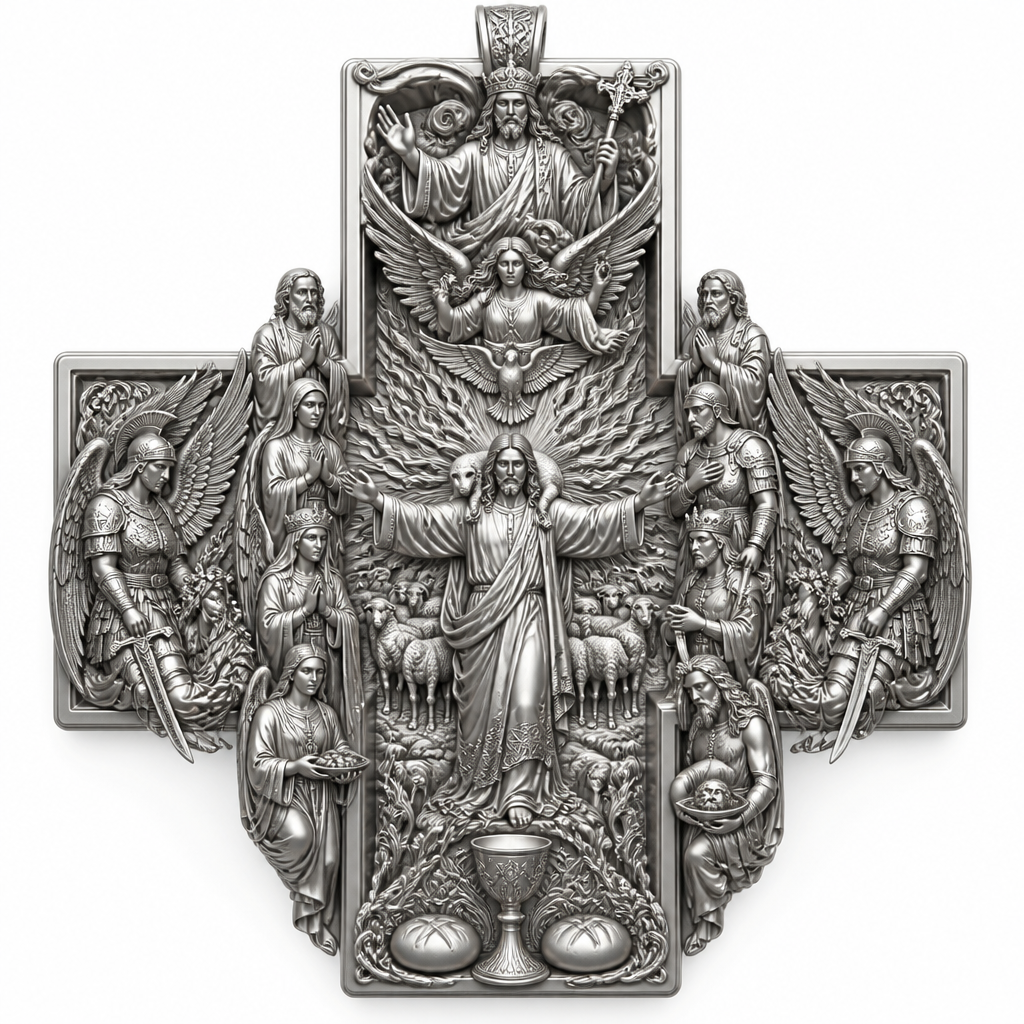 A sculptural women's pendant made of silver suitable for festival. An extraordinary excellent beautiful delicate and elegant, super modern Cross, without stones, without background only the Cross, with Jesus Christ as the Good Shepherd with a beautiful delicate and elegant face, with long hair, with a beautiful delicate elegant and fit body, with His hands wide open to receive all of us, with a beautiful delicate elegant and beautifully ornated tunic, with a beautiful delicate and elegant sheep on His shoulders, with a beautiful delicate and elegant flock of beautiful delicate and elegant sheep backward of Him. Over Jesus Christ and the flock to be placed the Holy Spirit as an Angel with a beautiful delicate and elegant face, with long hair, with big wings flying, with a beautiful delicate elegant and fit body, with a beautiful delicate elegant and beautifully ornated tunic under the Angel to be placed a beautiful delicate and elegant dove flying both of them the Angel and the dove to be surrounded by tongues of fire radiating light to Jesus Christ and the flock. Over the Holy Spirit to be placed God the Father with a beautiful delicate and elegant face, with long hair, with a beautiful delicate elegant and fit body, with a beautiful delicate and elegant tunic, with a beautiful delicate and elegant sceptre at His left hand blessing the world with His right hand, with a beautiful delicate elegant and beautifully ornated crown on His head. At the bottom of the Cross to be placed the Holy Communion with a beautiful delicate elegant and beautifully ornated chalice and two breads around the chalice. At the lower right side of the Cross to be stacked one by one Saint John the Baptist with a beautiful delicate elegant and beautifully ornated platter with his head on it. Over Saint John the Baptist to be placed Saint Constantine with a beautiful delicate and elegant face, with long hair, with a beautiful delicate and elegant crown on his head, with a beautiful delicate elegant and fit body, with a beautiful delicate and elegant armour holding a beautiful delicate elegant and beautifully ornated Cross. Over Saint Constantine to be placed Saint George with a beautiful delicate and elegant face, with long hair, with a beautiful delicate elegant and beautifully ornated helmet with a beautiful delicate elegant and fit body, with a beautiful delicate elegant and beautifully ornated armour, holding a beautiful delicate and elegant sword with his right hand at low position and near the floor giving respect to the Holy Trinity and Praying. Over Saint George to be placed Saint Peter the Apostle Praying. At the left lower side of the Cross to be placed stacked Saint Paraskevi with a beautiful delicate and elegant face, with long hair, with a beautiful delicate elegant and beautifully curved body, with a beautiful delicate elegant and beautifully ornated tunic holding a bowl with two eyes in it. Over Saint Paraskevi to be placed Saint Irene with a beautiful delicate and elegant face, with long hair, with a beautiful delicate elegant and beautifully ornated wreath on her head, with a beautiful delicate elegant and beautifully curved body, with a beautiful delicate elegant and beautifully ornated tunic Praying. Over Saint Irene to be placed Virgo Maria with a beautiful delicate and elegant face, with beautifully ornated long hair, with a beautiful delicate elegant and beautifully curved body, with a beautiful delicate elegant and beautifully ornated tunic Praying. Over Virgo Maria to be placed Saint Paul the Apostle Praying. At the right side of the Cross to be placed Saint Michael the Archangel with a beautiful delicate and elegant face, with long hair, with a beautiful delicate elegant and beautifully ornated helmet, with a beautiful delicate elegant and fit body, with big wings flying, with a beautiful delicate elegant and beautifully ornated armour, holding His beautiful delicate elegant and beautifully ornated sword low to the ground giving respect to the Holy Trinity and Praying. In front of Saint Michael the Archangel to be placed Saint Gabriel the Archangel with a beautiful delicate and elegant face, with long hair, with a beautiful delicate elegant and beautifully ornated helmet on His head, with a beautiful delicate elegant and fit body, with big wings flying, with a beautiful delicate elegant and beautifully ornated armour, holding a beautiful delicate elegant and beautifully ornated bucket of lilyes and Praying. At the left side of the Cross to be placed Saint Rafael the Archangel with a beautiful delicate and elegant face, with long hair, with a beautiful delicate elegant and beautifully ornated helmet, with a beautiful delicate elegant and fit body, with big wings flying, with a beautiful delicate elegant and beautifully ornated armour, holding a beautiful delicate elegant and beautifully ornated sword with his right hand low giving respect to the Holy Trinity and Praying. In front of Saint Rafael the Archangel to be placed the Guardian Angel with a beautiful delicate and elegant face, with long hair, with a beautiful delicate elegant and beautifully ornated with flowers wreath on His head, with a beautiful delicate elegant and fit body, with a beautiful delicate elegant and beautifully ornated tunic Praying. Make all the Angels, the Saints, God the Father, the Holy Spirit and Jesus Christ and the flock as statues.
photorealistic jewelry design, A sculptural women's pendant made of silver suitable for festival. An extraordinary excellent beautiful delicate and elegant, super modern Cross, without stones, without background only the Cross, with Jesus Christ as the Good Shepherd with a beautiful delicate and elegant face, with long hair, with a beautiful delicate elegant and fit body, with His hands wide open to receive all of us, with a beautiful delicate elegant and beautifully ornated tunic, with a beautiful delicate and elegant sheep on His shoulders, with a beautiful delicate and elegant flock of beautiful delicate and elegant sheep backward of Him. Over Jesus Christ and the flock to be placed the Holy Spirit as an Angel with a beautiful delicate and elegant face, with long hair, with big wings flying, with a beautiful delicate elegant and fit body, with a beautiful delicate elegant and beautifully ornated tunic under the Angel to be placed a beautiful delicate and elegant dove flying both of them the Angel and the dove to be surrounded by tongues of fire radiating light to Jesus Christ and the flock. Over the Holy Spirit to be placed God the Father with a beautiful delicate and elegant face, with long hair, with a beautiful delicate elegant and fit body, with a beautiful delicate and elegant tunic, with a beautiful delicate and elegant sceptre at His left hand blessing the world with His right hand, with a beautiful delicate elegant and beautifully ornated crown on His head. At the bottom of the Cross to be placed the Holy Communion with a beautiful delicate elegant and beautifully ornated chalice and two breads around the chalice. At the lower right side of the Cross to be stacked one by one Saint John the Baptist with a beautiful delicate elegant and beautifully ornated platter with his head on it. Over Saint John the Baptist to be placed Saint Constantine with a beautiful delicate and elegant face, with long hair, with a beautiful delicate and elegant crown on his head, with a beautiful delicate elegant and fit body, with a beautiful delicate and elegant armour holding a beautiful delicate elegant and beautifully ornated Cross. Over Saint Constantine to be placed Saint George with a beautiful delicate and elegant face, with long hair, with a beautiful delicate elegant and beautifully ornated helmet with a beautiful delicate elegant and fit body, with a beautiful delicate elegant and beautifully ornated armour, holding a beautiful delicate and elegant sword with his right hand at low position and near the floor giving respect to the Holy Trinity and Praying. Over Saint George to be placed Saint Peter the Apostle Praying. At the left lower side of the Cross to be placed stacked Saint Paraskevi with a beautiful delicate and elegant face, with long hair, with a beautiful delicate elegant and beautifully curved body, with a beautiful delicate elegant and beautifully ornated tunic holding a bowl with two eyes in it. Over Saint Paraskevi to be placed Saint Irene with a beautiful delicate and elegant face, with long hair, with a beautiful delicate elegant and beautifully ornated wreath on her head, with a beautiful delicate elegant and beautifully curved body, with a beautiful delicate elegant and beautifully ornated tunic Praying. Over Saint Irene to be placed Virgo Maria with a beautiful delicate and elegant face, with beautifully ornated long hair, with a beautiful delicate elegant and beautifully curved body, with a beautiful delicate elegant and beautifully ornated tunic Praying. Over Virgo Maria to be placed Saint Paul the Apostle Praying. At the right side of the Cross to be placed Saint Michael the Archangel with a beautiful delicate and elegant face, with long hair, with a beautiful delicate elegant and beautifully ornated helmet, with a beautiful delicate elegant and fit body, with big wings flying, with a beautiful delicate elegant and beautifully ornated armour, holding His beautiful delicate elegant and beautifully ornated sword low to the ground giving respect to the Holy Trinity and Praying. In front of Saint Michael the Archangel to be placed Saint Gabriel the Archangel with a beautiful delicate and elegant face, with long hair, with a beautiful delicate elegant and beautifully ornated helmet on His head, with a beautiful delicate elegant and fit body, with big wings flying, with a beautiful delicate elegant and beautifully ornated armour, holding a beautiful delicate elegant and beautifully ornated bucket of lilyes and Praying. At the left side of the Cross to be placed Saint Rafael the Archangel with a beautiful delicate and elegant face, with long hair, with a beautiful delicate elegant and beautifully ornated helmet, with a beautiful delicate elegant and fit body, with big wings flying, with a beautiful delicate elegant and beautifully ornated armour, holding a beautiful delicate elegant and beautifully ornated sword with his right hand low giving respect to the Holy Trinity and Praying. In front of Saint Rafael the Archangel to be placed the Guardian Angel with a beautiful delicate and elegant face, with long hair, with a beautiful delicate elegant and beautifully ornated with flowers wreath on His head, with a beautiful delicate elegant and fit body, with a beautiful delicate elegant and beautifully ornated tunic Praying. Make all the Angels, the Saints, God the Father, the Holy Spirit and Jesus Christ and the flock as statues., sculptural style, just the design no text