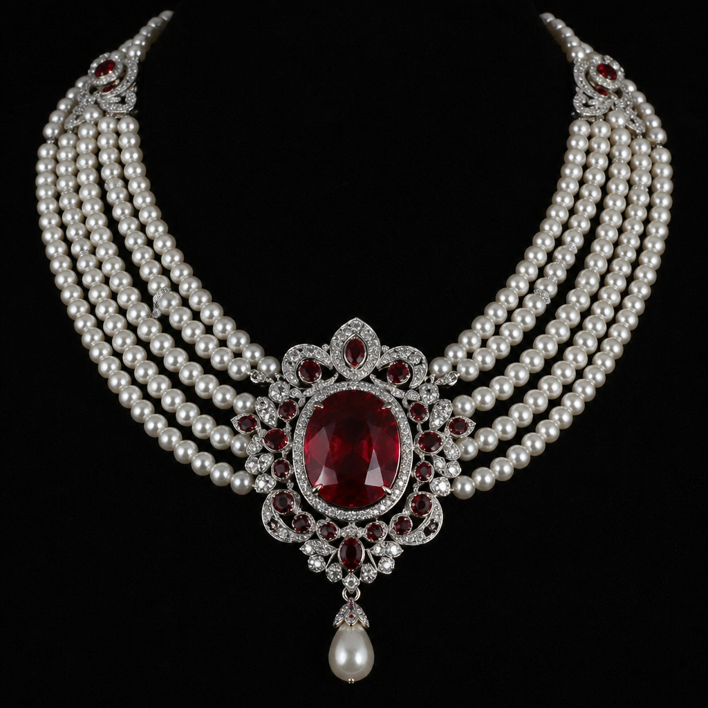 A vintage women's necklace made of white gold with pearl and ruby stones. white gold necklace with four pearl rows
..and a huge ruby at the centre
photorealistic jewelry design, A vintage women's necklace made of white gold with pearl and ruby stones. white gold necklace with four pearl rows
..and a huge ruby at the centre, vintage style, just the design no text