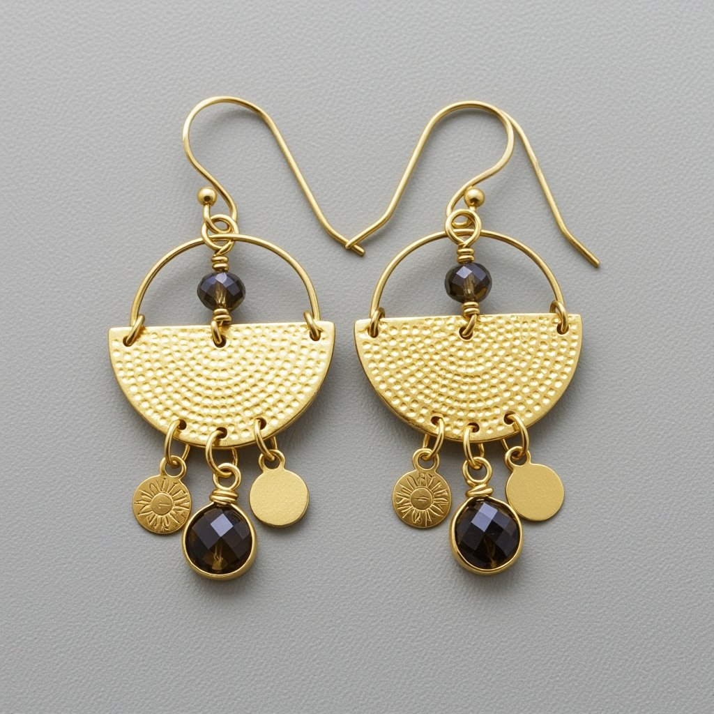 Золотые серьги словно мятое золото в форме узкого изящного полумесяца. Верхушка полумесяца крепится к застежке серьги. К нижней части полумесяца крепятся три подвески: миниатюрный золотой египетриский крест, очень маленький кристалл раухтопаза и маленький золотой кружочек с мятым эффектом плоский