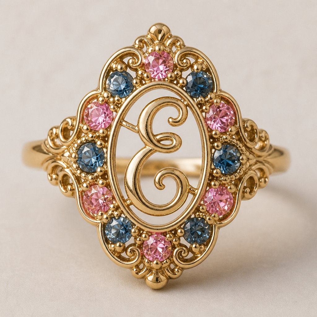 A vintage women's ring made of gold. um anel de 15 anos com inicial E com pedrinhas azul e pedrinhas rosa em volta
photorealistic jewelry design, A vintage women's ring made of gold. um anel de 15 anos com inicial E com pedrinhas azul e pedrinhas rosa em volta, vintage style, just the design no text