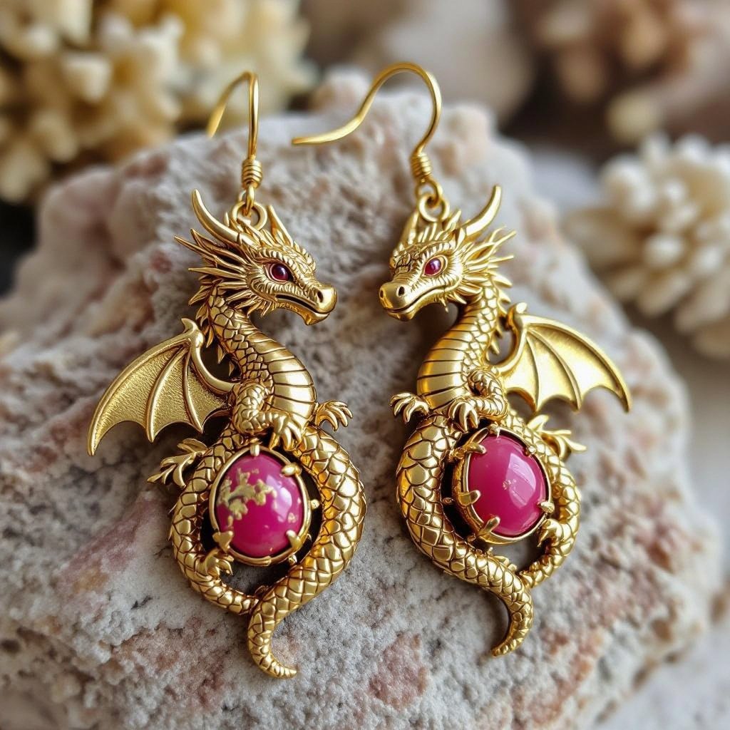 Золотые матовые серьги со схематическим изображением дракона узоры и камни мелкие раузтопаз