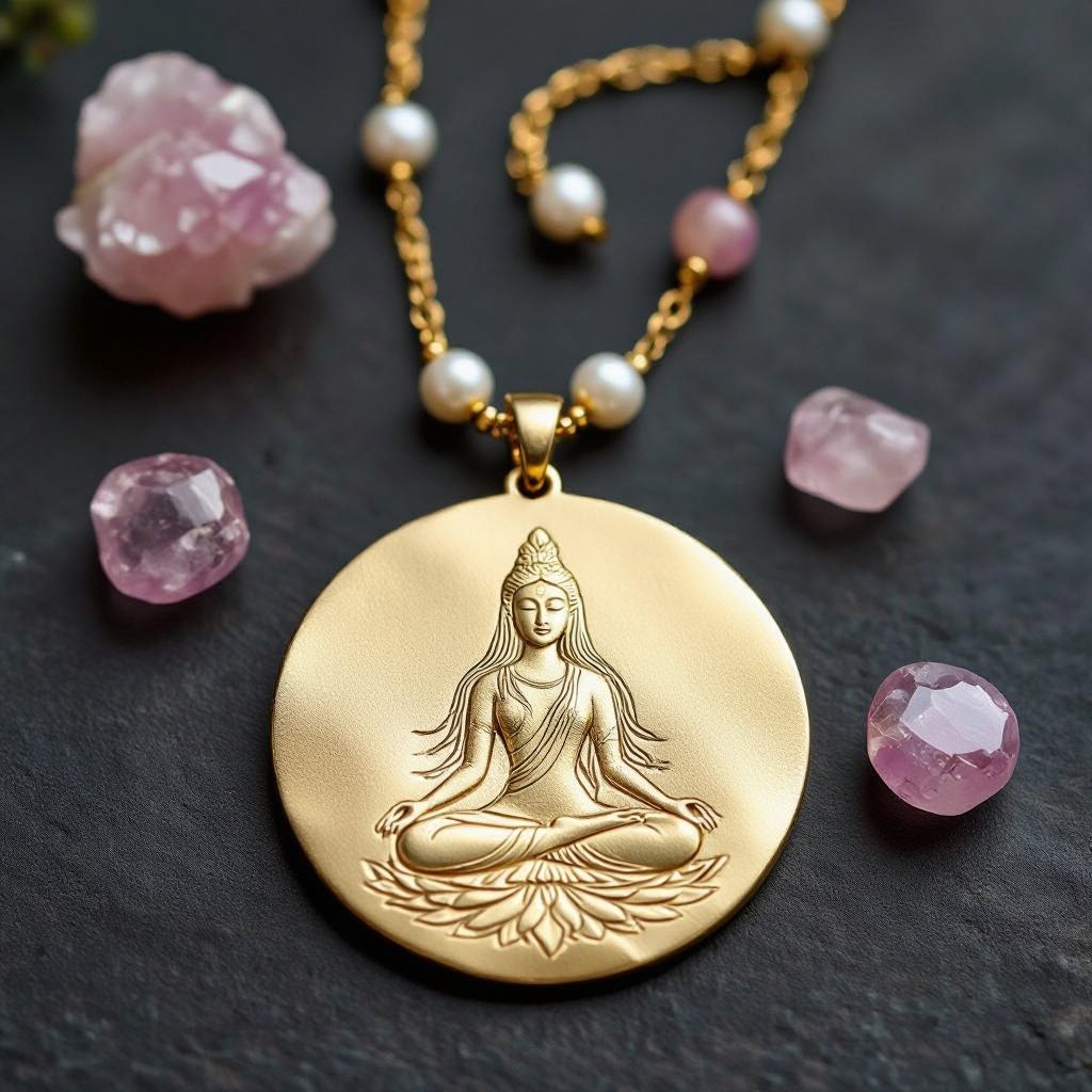 Кулон на длинной цепочке. Матовое светлое золото. В цепочке небольшие золотые шарики и камушки розового необработанного кварца и жемчуга. Кулон в форме неровного мятого круга. На круге изображена девушка с длинными волосами в позе лотоса нечетко