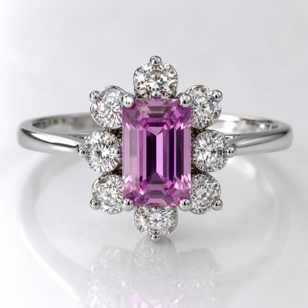 A classic women's ring made of silver with diamond and sapphire stones suitable for birthday. anello con Zaffiro rosa tendente al violetto taglio rettangolare messo verticalmente con 8 fiorellini di diamanti attorno con gambo in oro bianco
photorealistic jewelry design, A classic women's ring made of silver with diamond and sapphire stones suitable for birthday. anello con Zaffiro rosa tendente al violetto taglio rettangolare messo verticalmente con 8 fiorellini di diamanti attorno con gambo in oro bianco, classic style, just the design no text