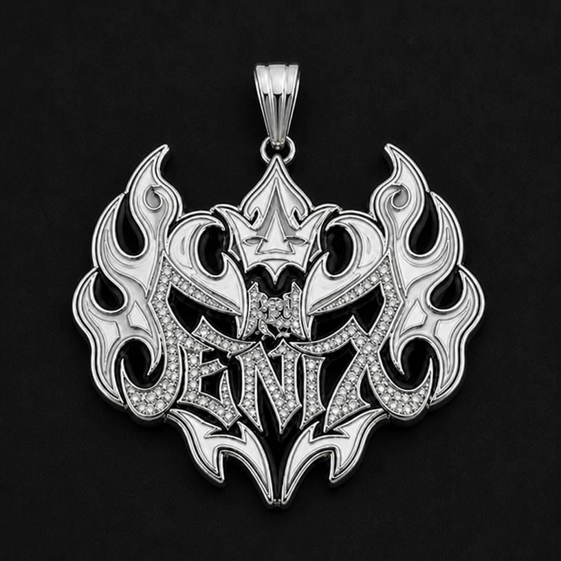 make the pendant in Sterling Silver 3 inches wide
edit the attached jewelry design with these instructions: make the pendant in Sterling Silver 3 inches wide. keep it photorealistic, just the design no text