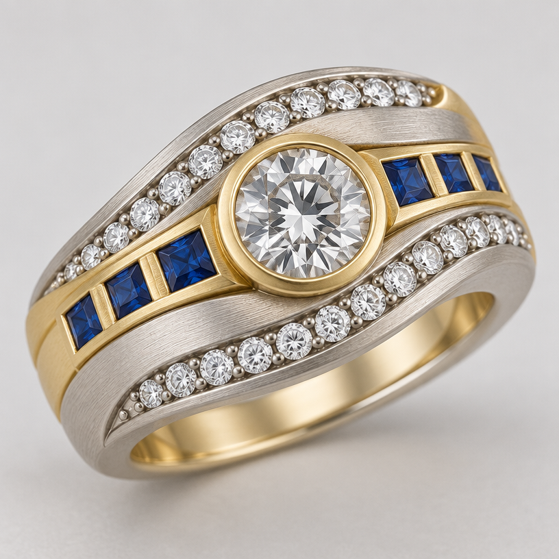 A contemporary women's ring made of mixed metal with diamond and sapphire stones. design ring using 33 .10 carat diamonds, 7 .10 carat square sapphires, and one 1.0 carat round diamond. metals should be white and yellow gold with a matte finish. do not cluster gems.
using the attached image as a visual reference, create A contemporary women's ring made of mixed metal with diamond and sapphire stones. design ring using 33 .10 carat diamonds, 7 .10 carat square sapphires, and one 1.0 carat round diamond. metals should be white and yellow gold with a matte finish. do not cluster gems.. photorealistic, just the design no text
