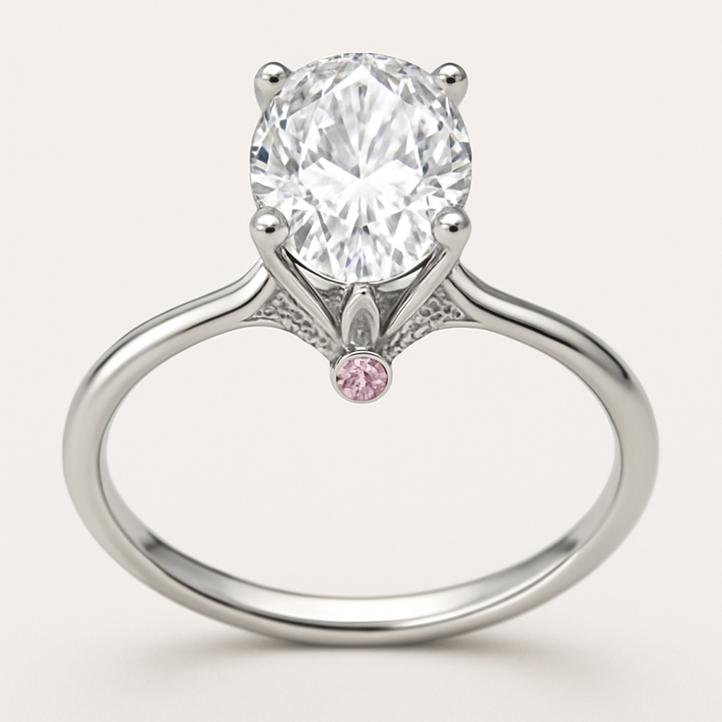 Make me a diamond engagement ring with an oval diamond that is large is shiny, silver band, but make it unique and fit for an elegant princess. Think dainty but loud and regal at the same time. Incorporate a second light pink diamond at the bottom front and back below the main diamond. Make the band thinner and have a hidden halo with a modern tulip basket setting with 6 prongs. Dainty but regal.  Make the band thinner and have a hidden halo with a modern tulip basket setting with 6 prongs.  6 prongs. 