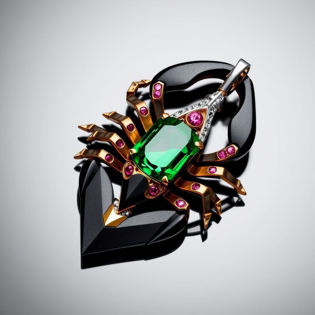 Geomatric scorpion pendant   gold accents for contrast. Incorporate a single, oval-cut gemstone-perhaps a striking emerald-set at an unconventional angle, creating a bold focal point that exudes contemporary elegance and sophistication. Envision a striking geometric scorpion pendant, intricately crafted with sharp angles in a combination of matte black and lustrous white metals. Accentuated with glittering ruby diamonds, the design features a single oval-cut emerald, expertly set at a daring tilt. This captivating piece marries edgy modernity with timeless elegance, perfect for bold fashion statements.