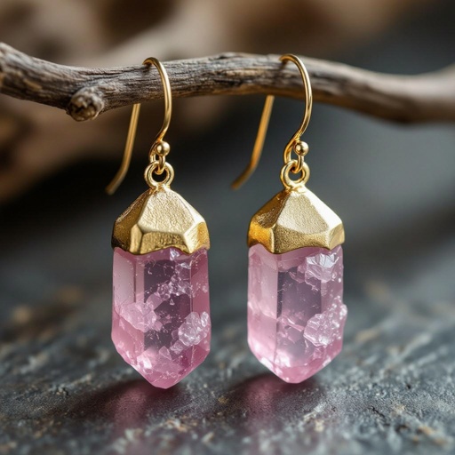 Серьги матовое золото с эффектом неровности Необработанный бледно розовый кварц в виде длинного кристалла