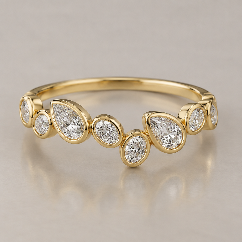 4-5 of .10 oval pointers, 2 of .15 pear pointers, yellow gold, alternating angles, unique
photorealistic jewelry design, 4-5 of .10 oval pointers, 2 of .15 pear pointers, yellow gold, alternating angles, unique, bezel style, just the design no text