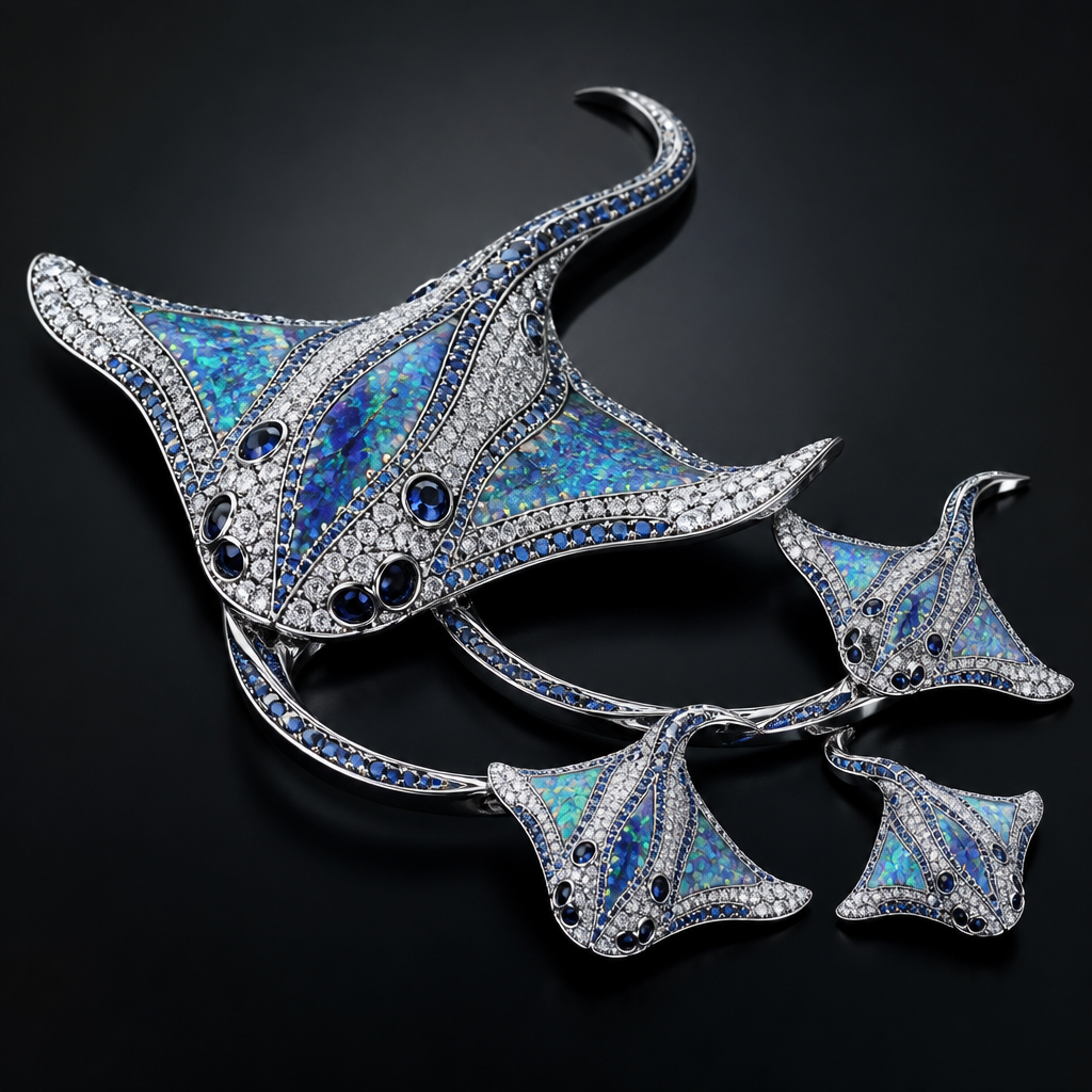 Opal sapphire diamond stingray family
photorealistic jewelry design, Opal sapphire diamond stingray family , avant_garde style, just the design no text