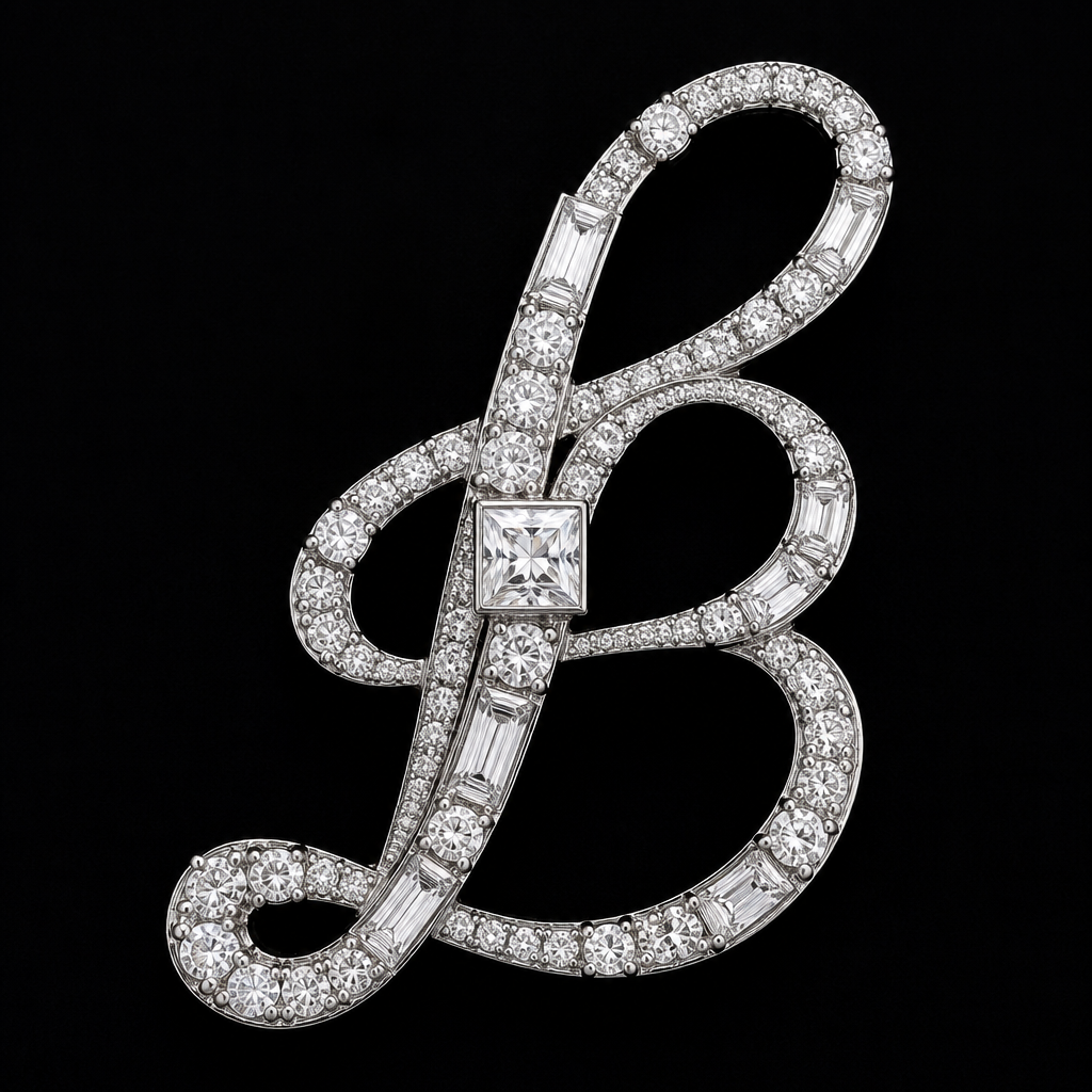 Create me a B in script running writing using a small princess cut square diamond, 10 small round diamonds, 6 small rectangle baguette diamonds, 26 sand grain diamonds and 8 slightly larger rounds diamonds that increase by 0.1 in size in pairs of 2 from the sand grain diamonds.
photorealistic jewelry design, Create me a B in script running writing using a small princess cut square diamond, 10 small round diamonds, 6 small rectangle baguette diamonds, 26 sand grain diamonds and 8 slightly larger rounds diamonds that increase by 0.1 in size in pairs of 2 from the sand grain diamonds.
, geometric style, just the design no text