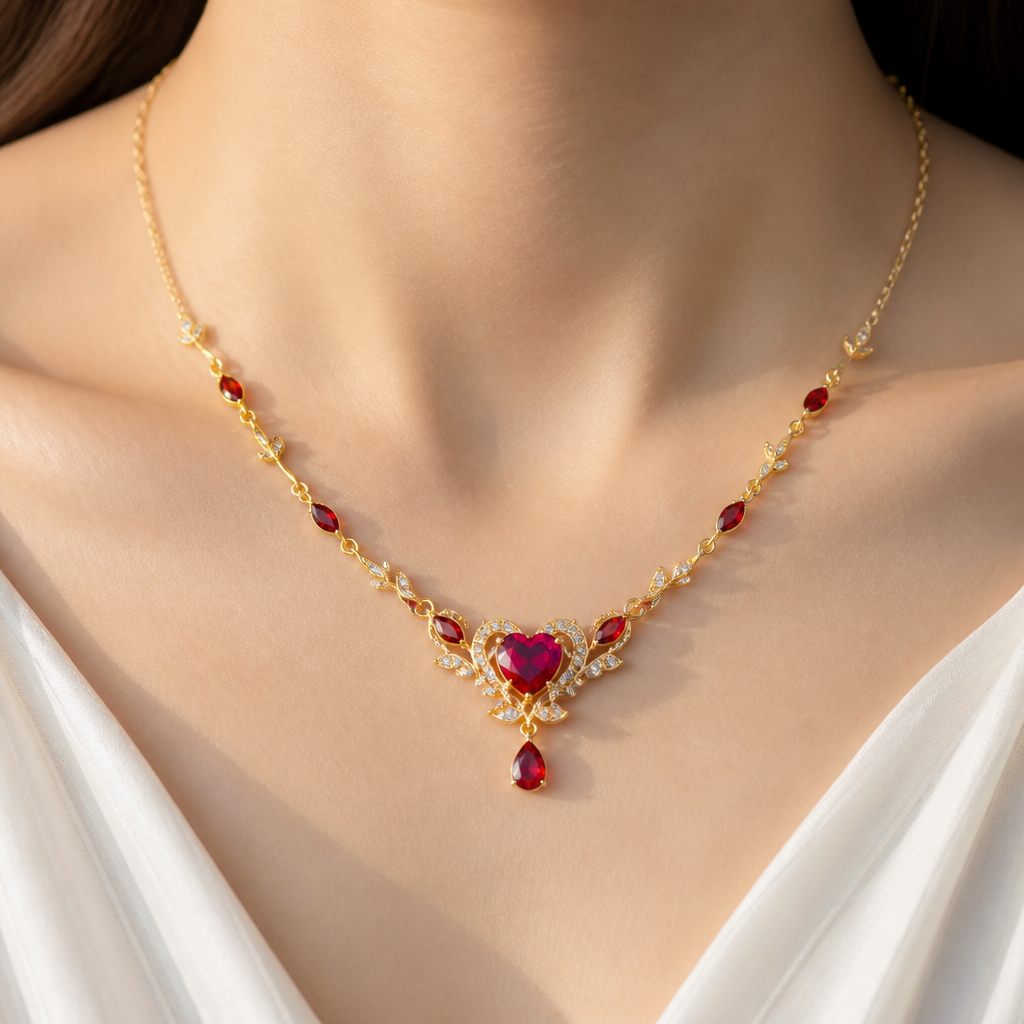 A romantic women's necklace made of gold with ruby stones suitable for daily wear. Innamorata Kwintas ni Alejandra replica Gma
photorealistic jewelry design, A romantic women's necklace made of gold with ruby stones suitable for daily wear. Innamorata Kwintas ni Alejandra replica Gma, romantic style, just the design no text