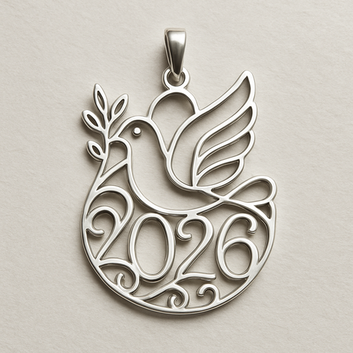 Silver minimal cut-out abstract charm blending together the pigeon of peace hold an olive branch along the year 2026