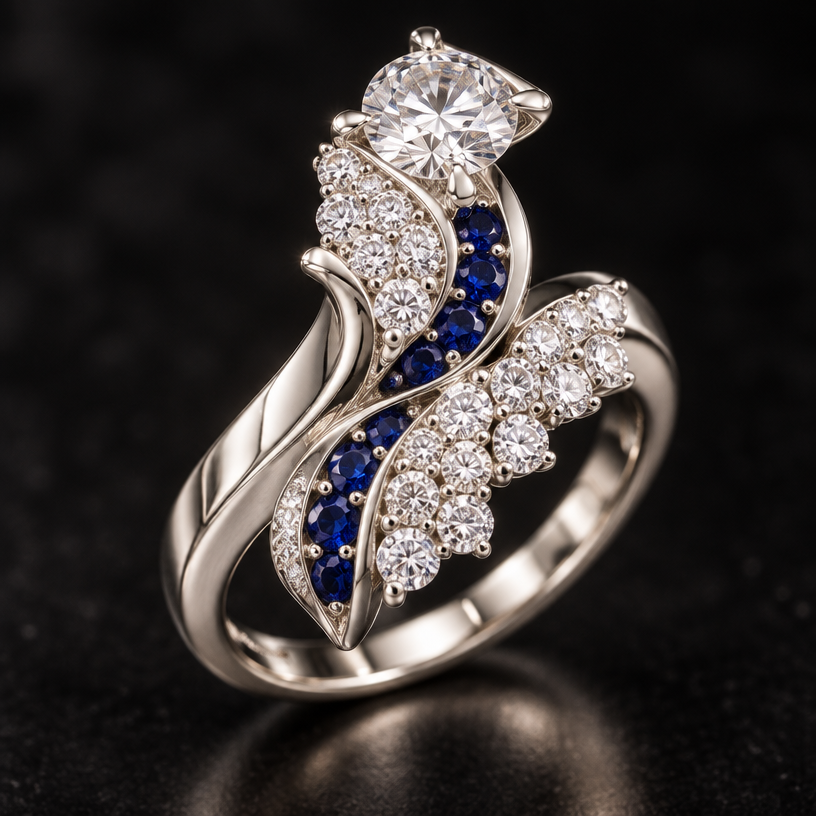 A modern women's ring made of white gold with diamond and sapphire stones. design ring using the photo for gem size reference. the ring should contain 33 of the smaller diamonds, 7 of the sapphires, and the one larger diamond.
using the attached image as a visual reference, create A modern women's ring made of white gold with diamond and sapphire stones. design ring using the photo for gem size reference. the ring should contain 33 of the smaller diamonds, 7 of the sapphires, and the one larger diamond.. photorealistic, just the design no text