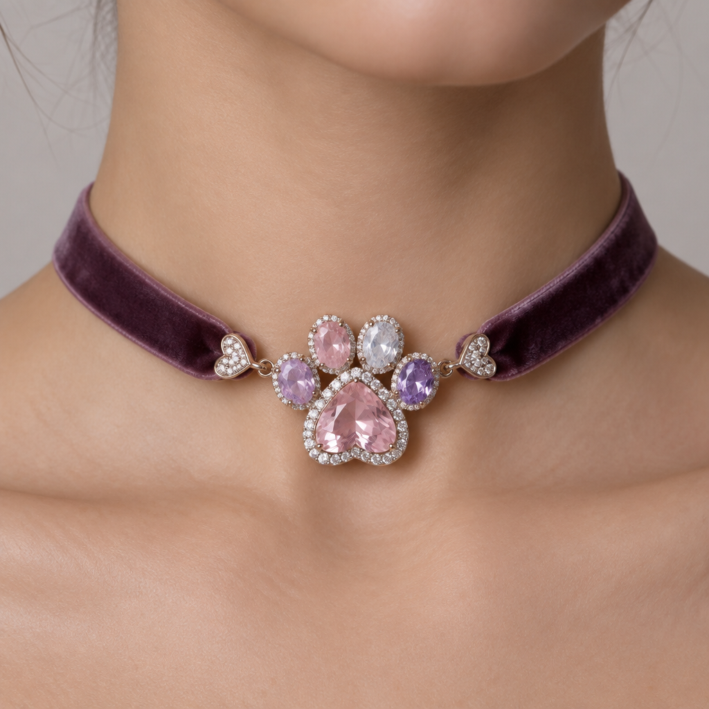 A women's necklace. una gargantilla ,el cuello de la gargantilla es tela de terciopelo,y el centro es la joya que caracteriza,se diamantes rosa,lila y blanco,colores suaves y pastelesa los lados se sostiene con la tela con dos detalles con forma de corazón,en los laterales unos pequeños diamantes blancos ,el centro donde lleva la pedrería de colores,tiene forma de pata,y las que simulan las almohadillas de la pata son de color rosa,lila y blanco y morado en colores pasteles
photorealistic jewelry design, A women's necklace. una gargantilla ,el cuello de la gargantilla es tela de terciopelo,y el centro es la joya que caracteriza,se diamantes rosa,lila y blanco,colores suaves y pastelesa los lados se sostiene con la tela con dos detalles con forma de corazón,en los laterales unos pequeños diamantes blancos ,el centro donde lleva la pedrería de colores,tiene forma de pata,y las que simulan las almohadillas de la pata son de color rosa,lila y blanco y morado en colores pasteles, modern style, just the design no text
