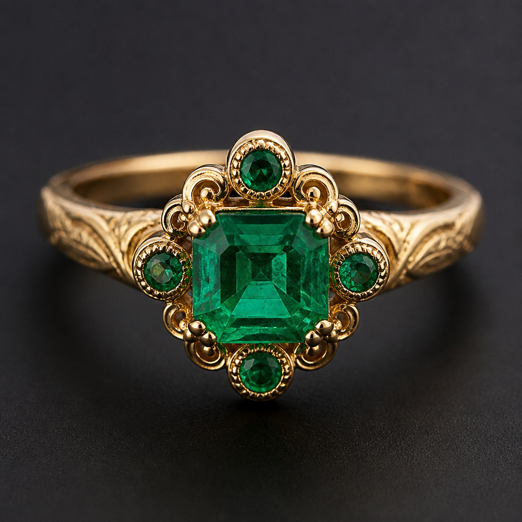 A vintage women's ring made of gold with emerald stones suitable for formal
photorealistic jewelry design, A vintage women's ring made of gold with emerald stones suitable for formal, vintage style, just the design no text