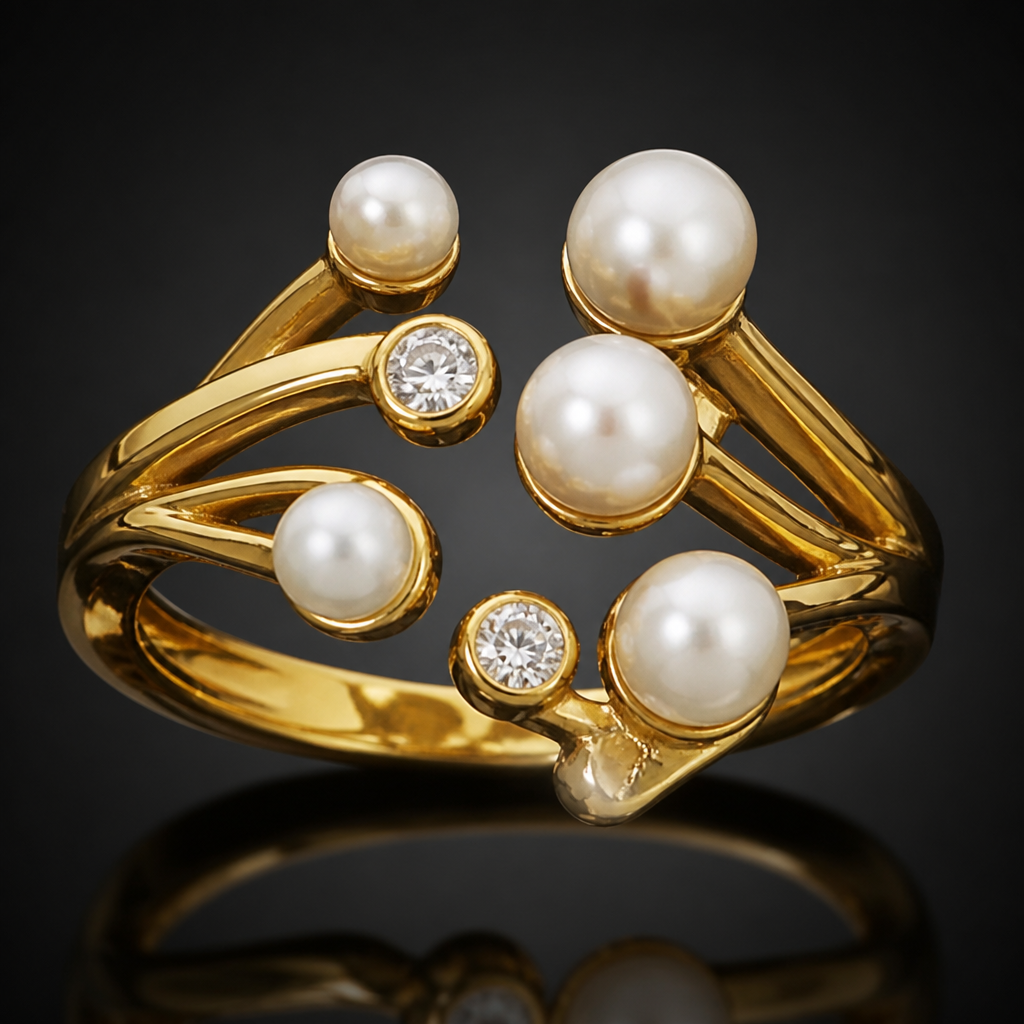 A women's ring, detailed and decorative, moderately ornate. He el dose dr um anillo muy moderno, siglo XXI con gemas 6 perlas de 4,5 y 7 mm en plta con baño de oro
photorealistic jewelry design, A women's ring, detailed and decorative, moderately ornate. He el dose dr um anillo muy moderno, siglo XXI con gemas 6 perlas de 4,5 y 7 mm en plta con baño de oro, modern style, just the design no text