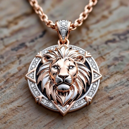 Geomatric leather of rose abd ehite gold lion pendant set of the collection of voulume and structure shapes Rose and white gold lion pendant, featuring geometric leather details in a bezel setting.
