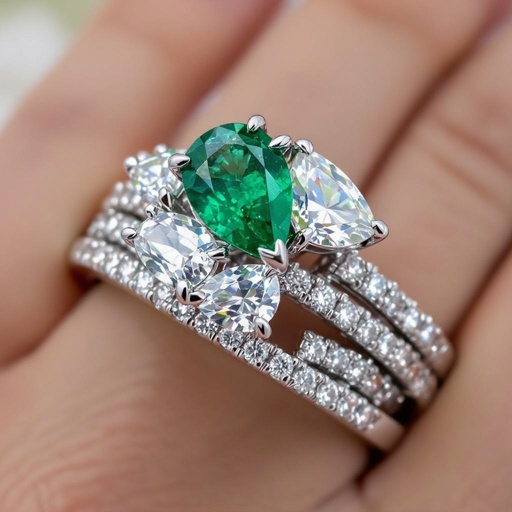 2ct emerald with 3 ct pear emerald cut toi et moi ring in white gold with a triple pave band 2mm