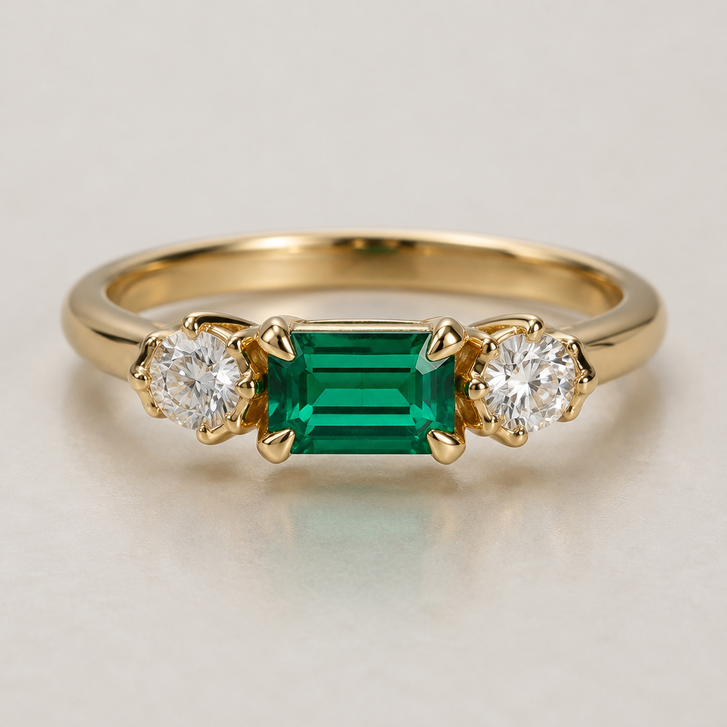 18 carat gold ring with tulip setting of 3 stones. The center stone is a horizontal baguette emerald with one round diamond on either side.
photorealistic jewelry design, 18 carat gold ring with tulip setting of 3 stones. The center stone is a horizontal baguette emerald with one round diamond on either side., just the design no text