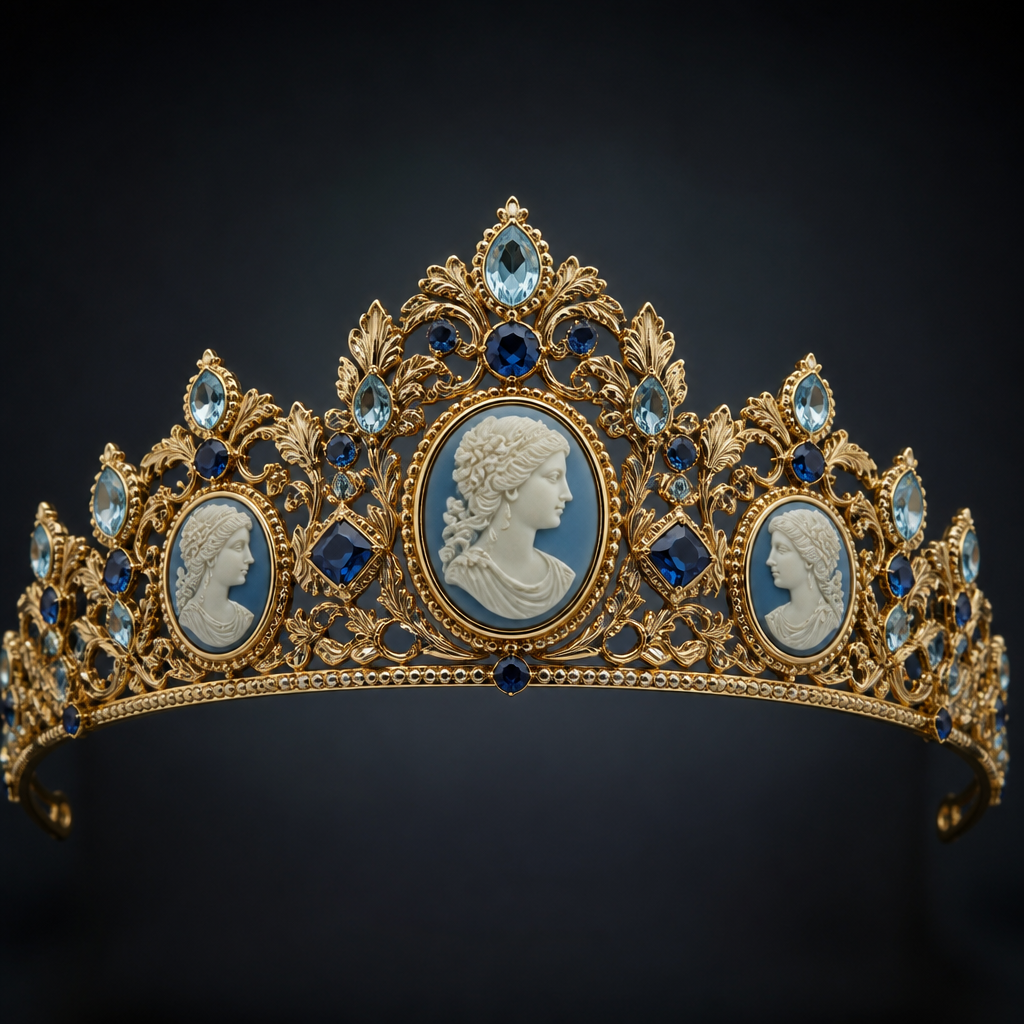A cameo women's tiara made of gold with sapphire and aquamarine stones suitable for formal, highly ornate, intricate and elaborate, richly detailed
photorealistic jewelry design, A cameo women's tiara made of gold with sapphire and aquamarine stones suitable for formal, highly ornate, intricate and elaborate, richly detailed, cameo style, just the design no text