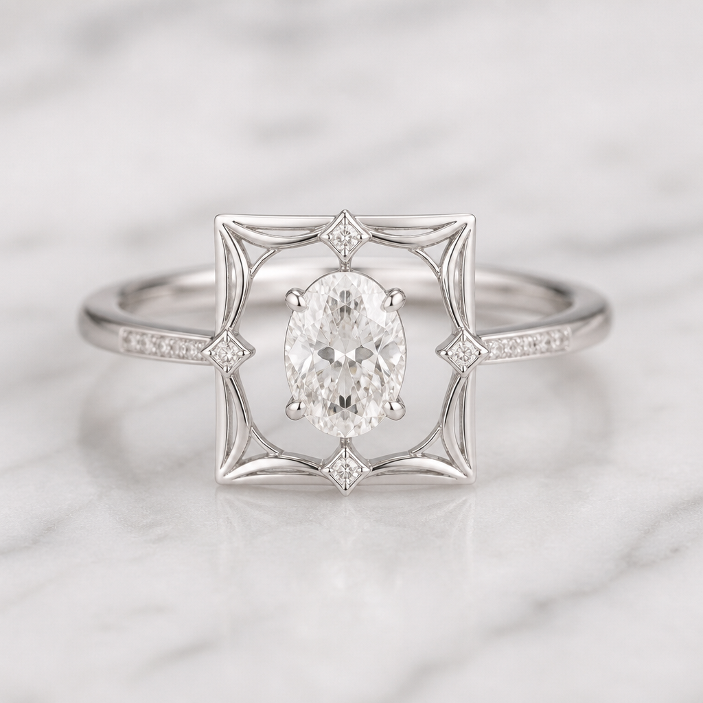 A women's ring made of silver with diamond stones. bague sertie d'un diamant oval, à l'intérieur du carré feminin travaillé et delicat, minimaliste
photorealistic jewelry design, A women's ring made of silver with diamond stones. bague sertie d'un diamant oval, à l'intérieur du carré feminin travaillé et delicat, minimaliste, modern style, just the design no text