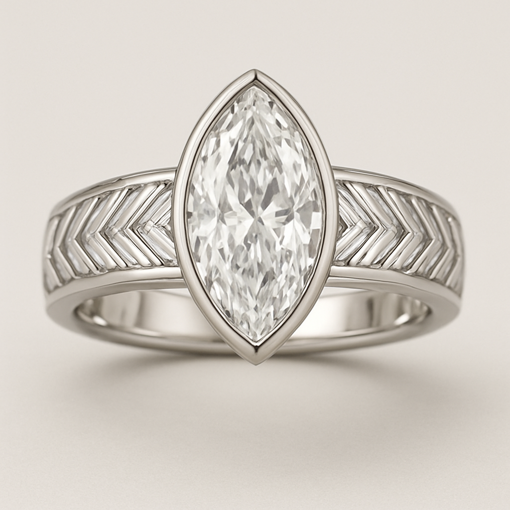 Bezel set 6 carat marquise diamond center stone with baguette diamonds in a herringbone pattern in the band
