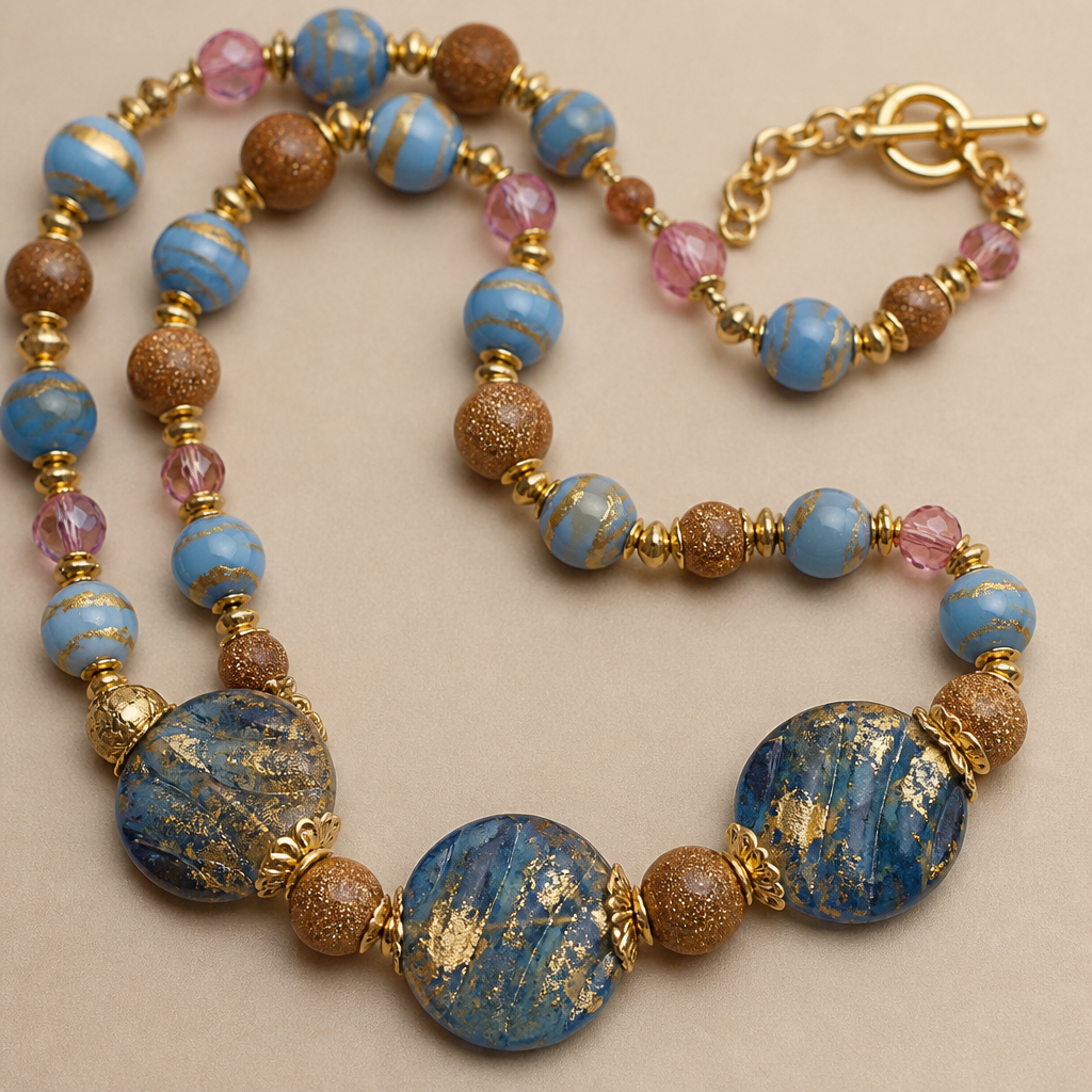 Blue and gold Wedding cake beads 12mm round, Murano blue and gold coin beads 25mm, round golden sand stone beads 12mm, pink crystal beads 8mm necklace
photorealistic jewelry design, Blue and gold Wedding cake beads 12mm round, Murano blue and gold coin beads 25mm, round golden sand stone beads 12mm, pink crystal beads 8mm necklace , vintage style, just the design no text