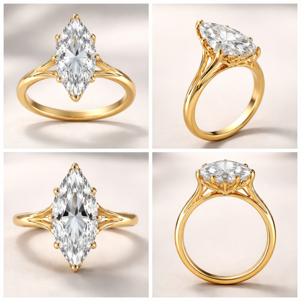 4 carat marquise solitaire ring, high setting, with 6 prongs, yellow gold, and create a view from different angles