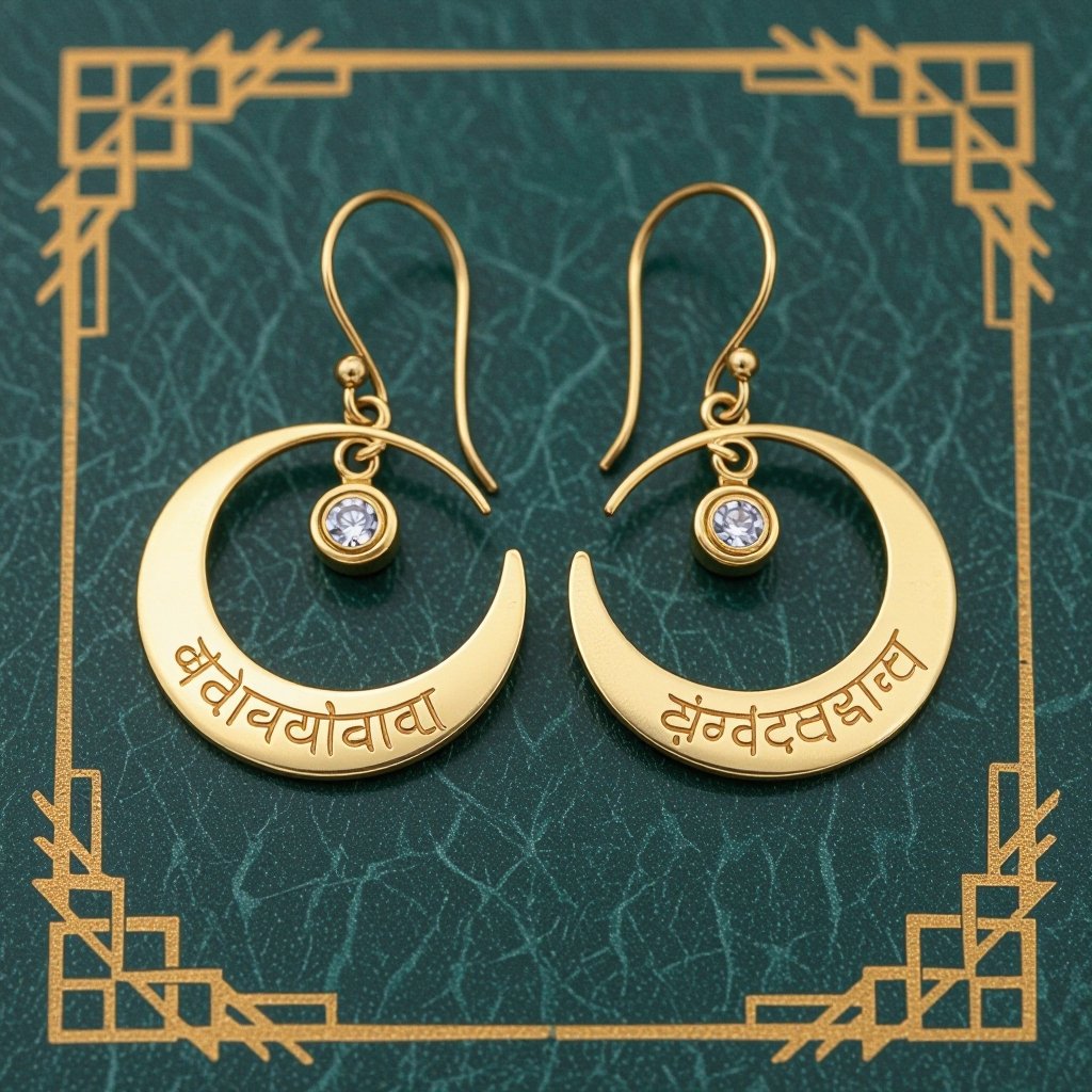 Серьги золотые в форме тонкого изящного полумесяца, полукруг как продолжение застежки, на полукруге надписи мантрами на санскрите