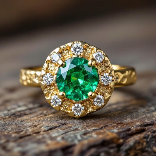 Central de esmeralda redonda con 6 diamantes al rededor en oro amarillo 