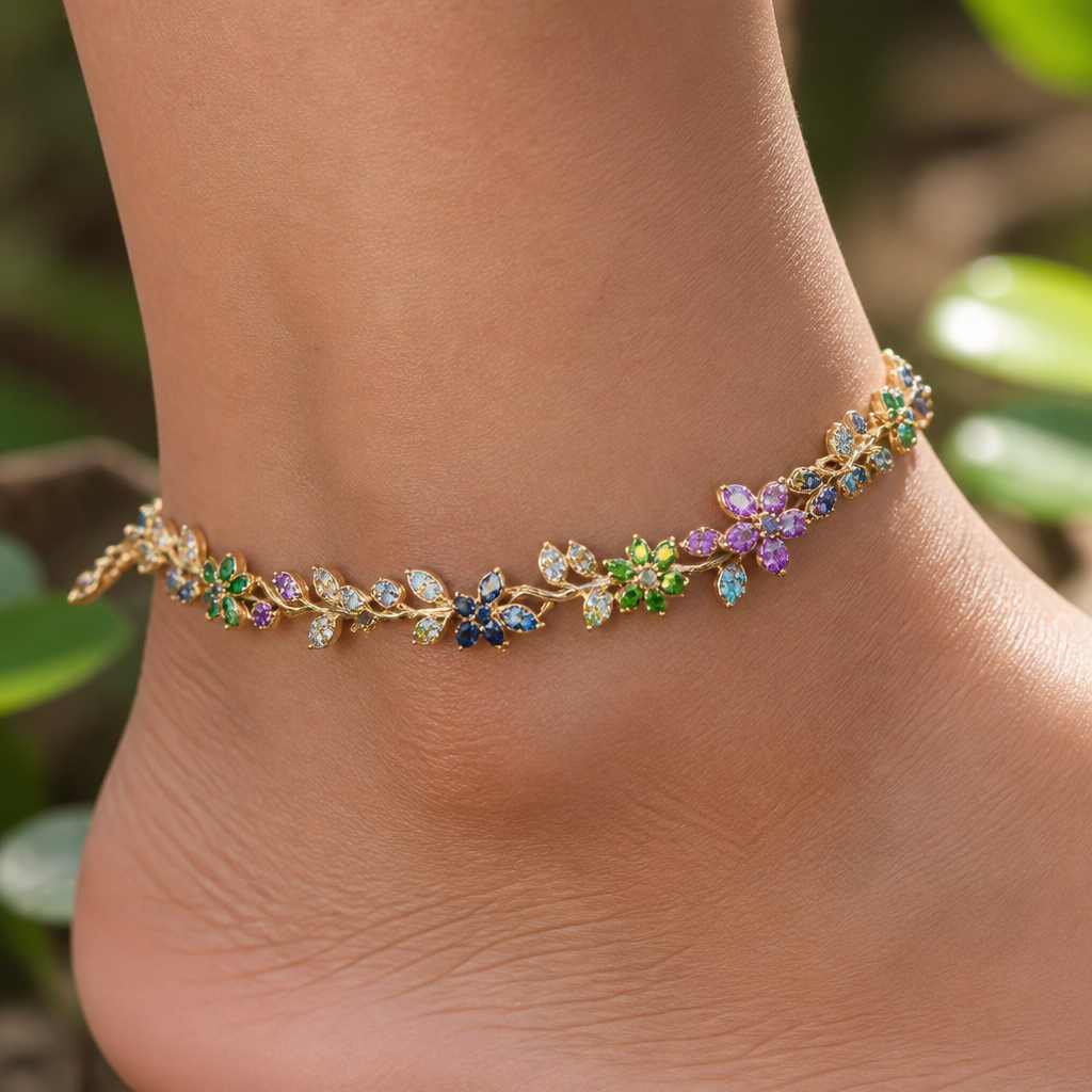 A nature women's anklet made of gold with amethyst and sapphire and aquamarine and emerald and diamond stones suitable for formal